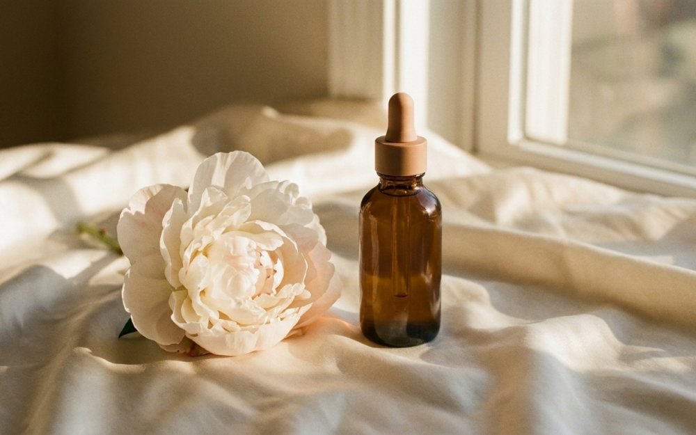 An amber dropper bottle beside a white peony on cream silk